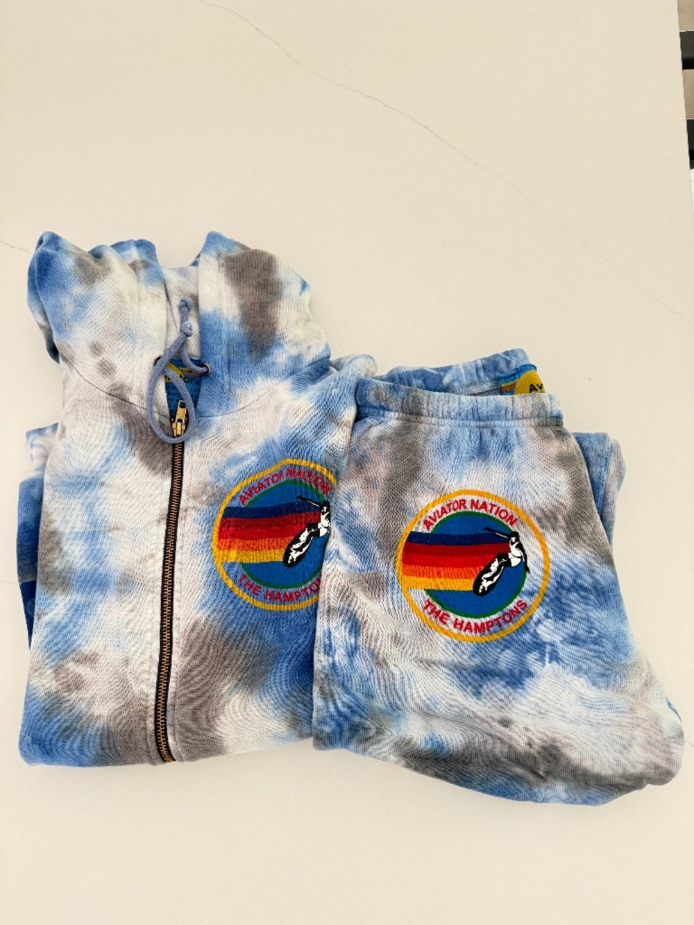 Aviator Nation Blue Tie Dyed 5 Strip HAMPTONS Zip Hoodie Matching Sweatpants S